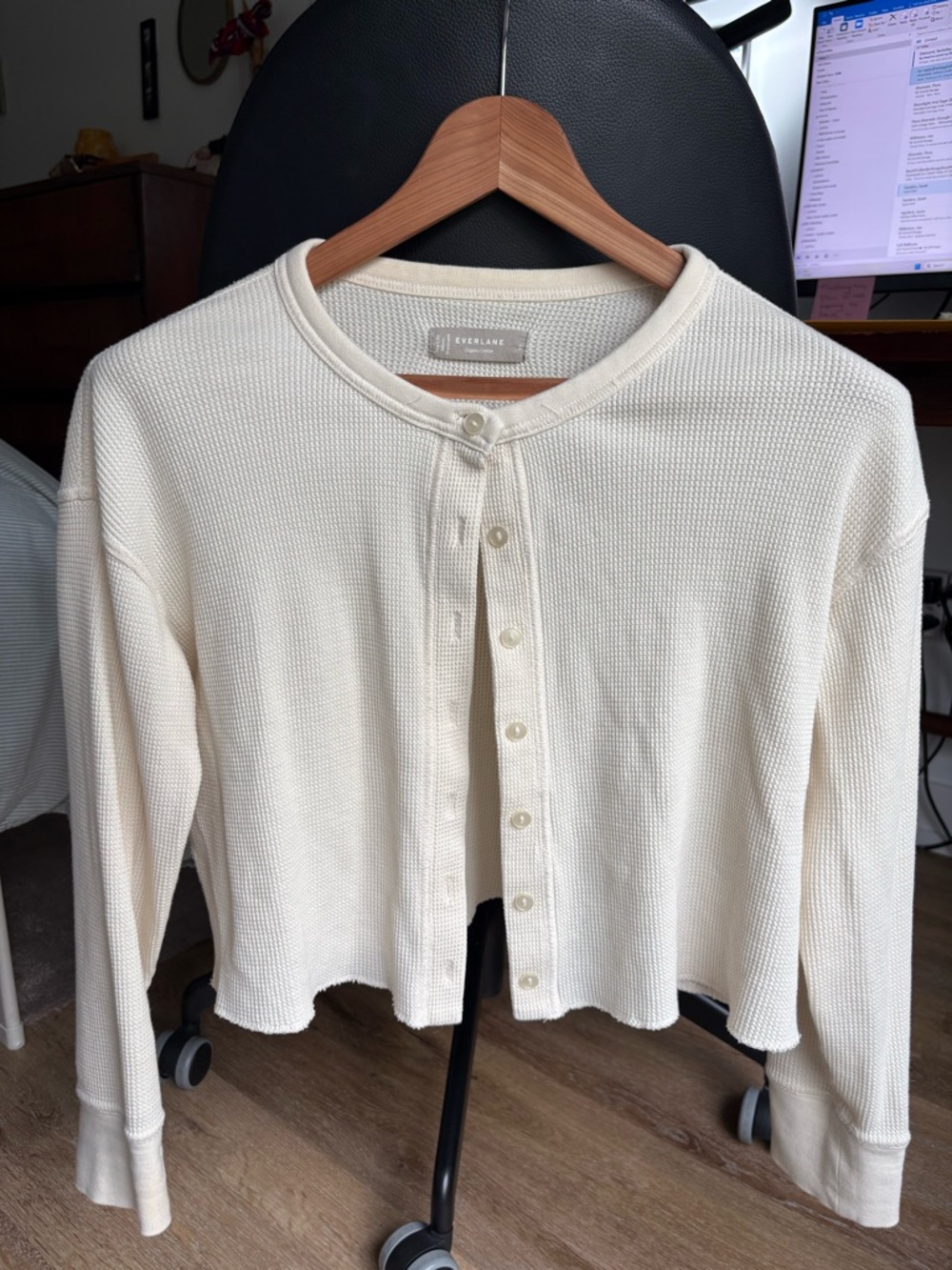 Everlane Ivory Raw Hemmed Cropped Button-Up Cardigan Organic Cotton